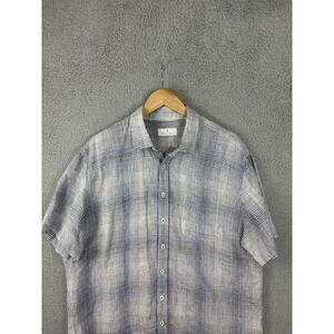 Toscano Firenze Shirt Mens XL Blue Check Linen Short Sleeve Button Front Casual
